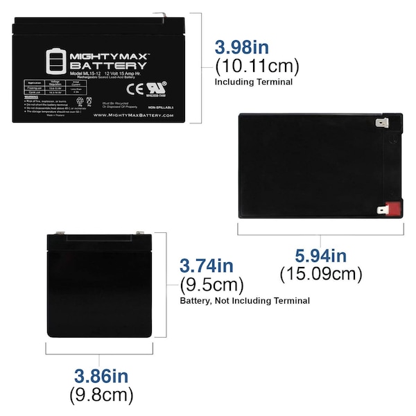 ML15-12 12V 15Ah F2 Scooter Bike Battery Replaces HR15-12T2, HR15-12 T2 - 2PK